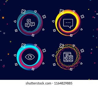 Set of Blog, Chat messages and Eye icons. Social media sign. Chat message, Communication, View or vision. Mobile devices.  Circle banners with line icons. Gradient colors shapes. Vector