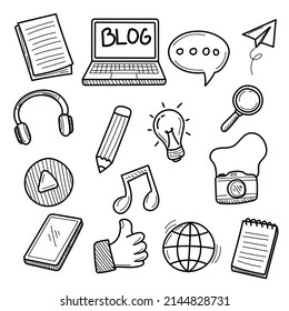 Set of blog related doodle illustration with cute design isolated on white background