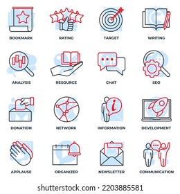 Set of Blogger, blogging icon logo vector illustration. newsletter, target, communication, resource, development, analysis and more pack symbol template for graphic and web design collection