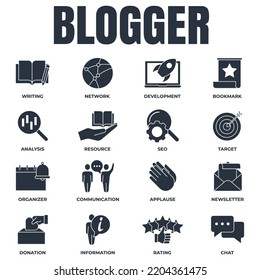 Set of Blogger, blogging icon logo vector illustration. newsletter, target, communication, resource, development, analysis and more pack symbol template for graphic and web design collection
