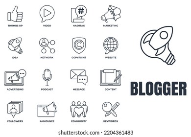 Set of Blogger, blogging icon logo vector illustration. followers, keywords, idea, copyright, announce, website and more pack symbol template for graphic and web design collection