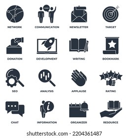 Set of Blogger, blogging icon logo vector illustration. newsletter, target, communication, resource, development, analysis and more pack symbol template for graphic and web design collection