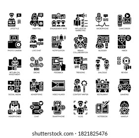 Conjunto de iconos perfectos para bloggeros e influenciadores de línea delgada y píxel para cualquier proyecto web y de aplicación. 