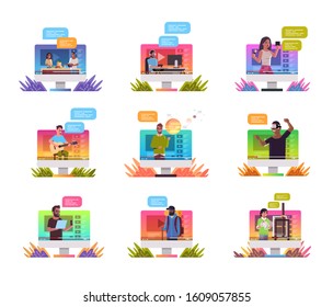 set bloggers recording online video vloggers doing live streaming broadcast social media networking blogging concept computer monitor screen portrait vector illustration