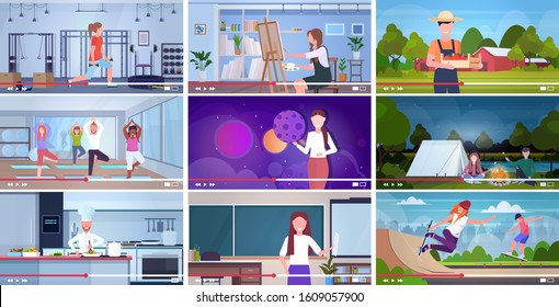 set bloggers recording online video vloggers doing live streaming broadcast social media networking blogging concept computer monitor screens collection horizontal vector illustration