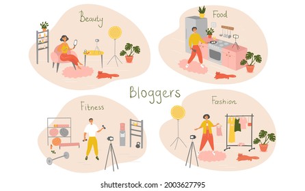 Set of bloggers and vloggers characters making internet content. Peoples creating video for their blog channel. Influencers shooting vlog. Vector cartoon illustration