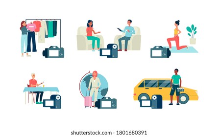 Set of bloggers and vloggers making internet content. Live video channel with interview and tutorial of fashion fitness travel food and service car. Vector flat cartoon illustration