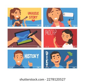 Set of bloggers and vloggers making internet. Male and female characters creating video about makeup, history, diet for vlog cartoon vector illustration