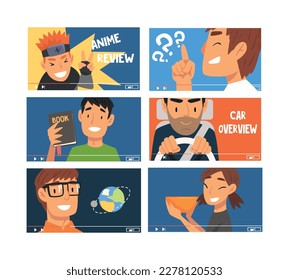 Set of bloggers and vloggers making internet. Male and female characters creating video about cars, books, anime for vlog cartoon vector illustration