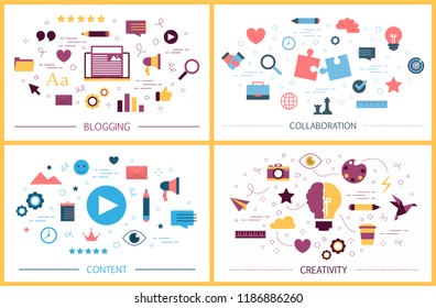 Set of blogging colorful illustration. Share content in the internet. Idea of social media and network. Collaboration and creativity. Isolated flat vector illustration