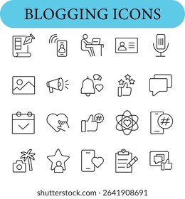 Set of blogging icons in a minimalist line-art style, featuring various symbols associated with blogging and social media.