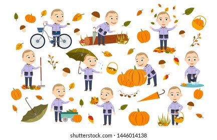 Set blond boy in an autumn jacket plays with leaves, launches a paper boat, rides a bicycle, carries pumpkins and has fun in the fall. Cute Vector Illustration