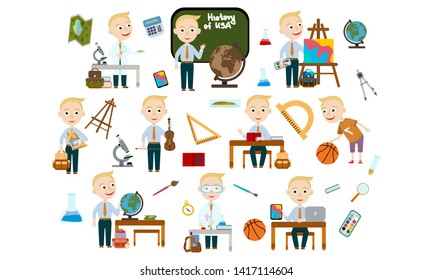 A set of blond boy with a trendy hairstyle. Student in different lessons: science, history, sports, art, maths, English, information technology, music. Conducting experiments. Cute Vector Illustration