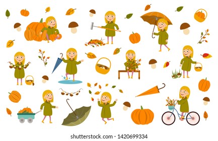Set blond girl in an autumn jacket plays with leaves, launches a paper boat, rides a bicycle, carries pumpkins and has fun in the fall. Cute Vector Illustration