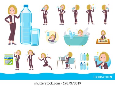A set of blond hair business women drinking water.It's vector art so easy to edit.