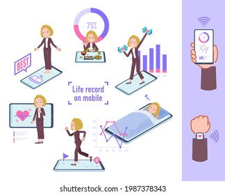 A set of blond hair business women who manage their behavior and health on their smartphones.It's vector art so easy to edit.