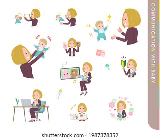 A set of blond hair business women who communicate with their baby.It's vector art so easy to edit.