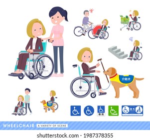 A set of blond hair business women in a wheelchair.It depicts various situations of wheelchair users.