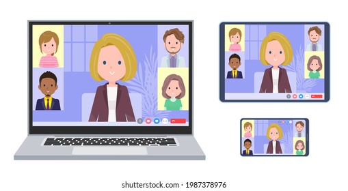 A set of blond hair business women having an online meeting. A set of laptop, tablet and smartphone.It's vector art so easy to edit.