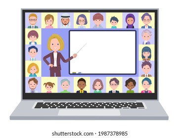 A set of blond hair business women teaching lessons online.It's vector art so easy to edit.