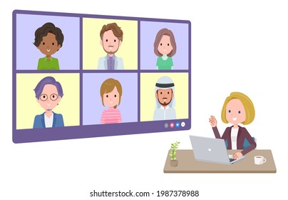 A set of blond hair business women having an online meeting with multiple people. perspective angle.It's vector art so easy to edit.