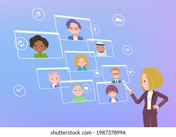 A set of blond hair business women communicating online using a smartphone.It's vector art so easy to edit.