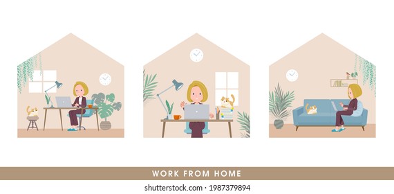 A set of blond hair business women working from home. It's vector art so easy to edit.