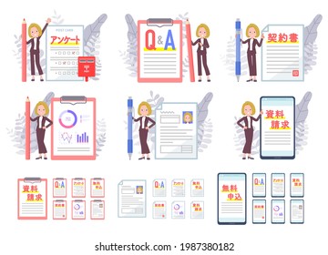 A set of blond hair business women and various documents.It's vector art so easy to edit.