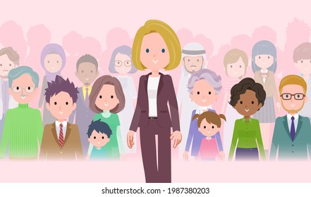 A set of blond hair business women standing in front of a large number of people.It's vector art so easy to edit.
