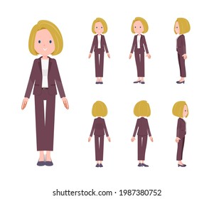 A set of blond hair business women standing.Front, side and back angles.It's vector art so easy to edit.