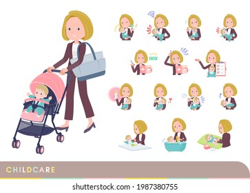 A set of blond hair business women who take care of their baby.It's vector art so easy to edit.