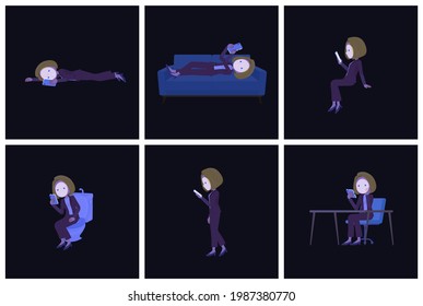 A set of blond hair business women who use smartphones in the dark.It's vector art so easy to edit.