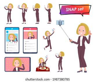 A set of blond hair business women shooting with a smartphone.It's vector art so easy to edit.