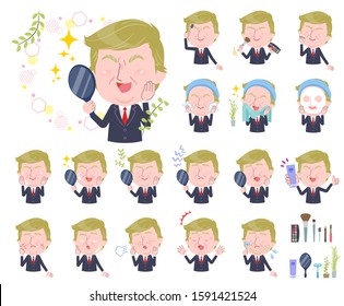 A set of blond hair old men on beauty.There are various actions such as skin care and makeup.It's vector art so it's easy to edit.
