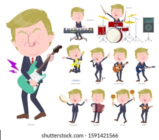 A set of blond hair old men playing rock 'n' roll and pop music.There are also various instruments such as ukulele and tambourine.It's vector art so it's easy to edit.
