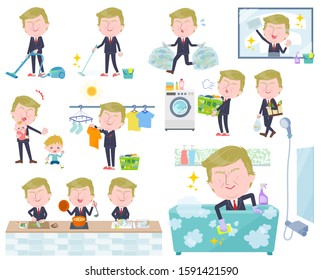 A set of blond hair old men related to housekeeping such as cleaning and laundry.There are various actions such as cooking and child rearing.It's vector art so it's easy to edit.
