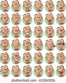 Set of blond young boy emojis; Cheerful, sad, angry, content ... and many more expressions.