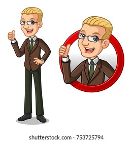 Set of blonde businessman in brown suit cartoon character design, inside the circle logo concept with showing like, ok, good job, satisfied sign gesture with his thumbs up, isolated against white back