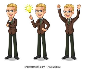 Set of blonde businessman in brown suit get great idea inspiration light bulb, thinking thoughtful gesture, and celebrating victory winner successful success with raised up arms.