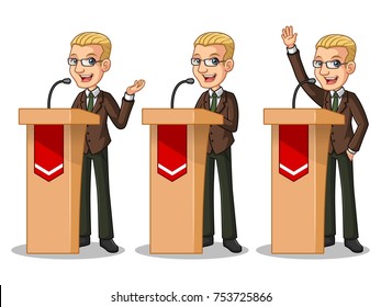 Set of blonde businessman in brown suit cartoon character design politician orator public speaker giving a talk speech presentation standing behind rostrum podium, isolated against white background.