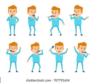 Set of blonde doctor characters with microphone posing in various situations. Cheerful nurse karaoke singing. Simple vector illustration