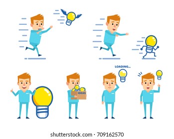 Set of blonde doctor characters posing with idea light bulb in various situations. Cheerful nurse thinking, holding box full of ideas and showing other actions. Simple vector illustration