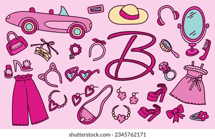 Un juego para una muñeca rubia. Conjunto rosa de moda, accesorios estéticos y ropa para muñeca rosa. Ilustración vectorial. Un conjunto de stickers con elementos nostálgicos en un fondo rosado.