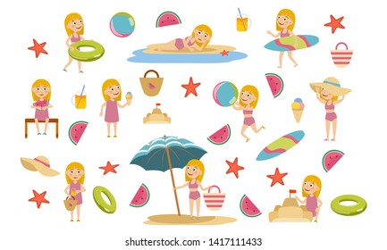 Set blonde girl in different poses in summer dresses and swimsuits on the beach. Summer holidays. Beach relaxation and surfing. Vector illustration