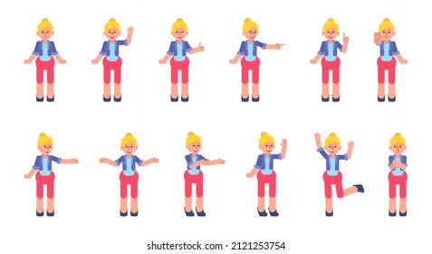 Set of blonde woman showing various hand gestures. Cute lady pointing, showing thumb up, victory and other gestures. Modern vector illustration