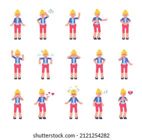 Set of blonde woman showing various emotions. Cute lady thinking, laughing, crying, sad, tired, in love and showing other expressions. Modern vector illustration