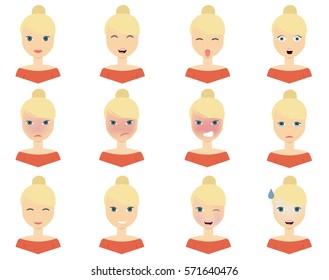Set of blonde woman's emotions. Facial expression. Girl Avatar. Vector illustration of a flat design