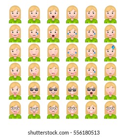 Set of Blonde Women's Realistic Emoticons. Set of Female Emojis. Smile icons. Isolated Vector Illustration on White Background