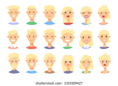 Set of blondes male and female characters. Cartoon style Scandinavian people icons. 