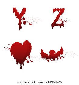 Set of blood alphabet vector font with red heart and bat halloween symbol with various of drops and trail blood paint splatters